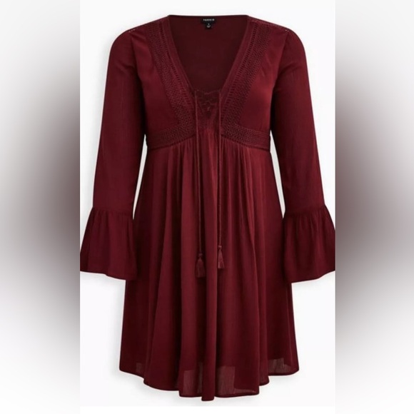 Torrid Lace Up Crinkle Gauze Flowy Long Sleeve Mini Skater Dress Burgundy - Picture 5 of 14